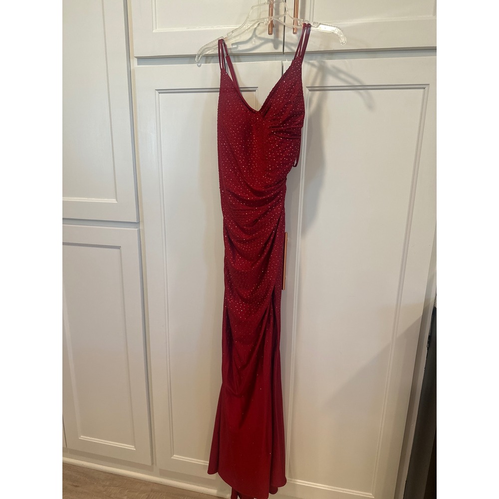 Ruby Red Rhinestone Ruched Prom Dress High Slit Formal Evening Gown Size 8 - Picture 2 of 7